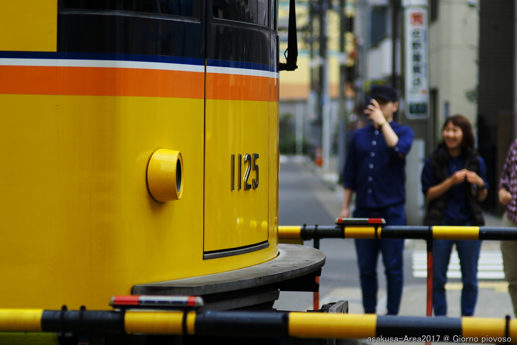 黄色い地下鉄が踏切を走る・・・ン？