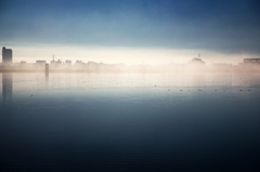 朝靄の残る池