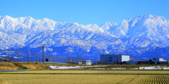 青空に立山連峰がそびえ立ち・・・