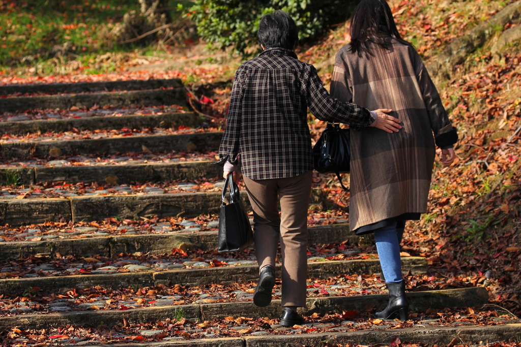 母と娘で歩む石段