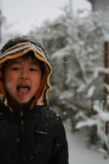 雪を食べようとする息子