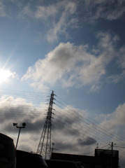 A blue sky with electrical steel tower