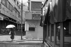 暖簾に日傘