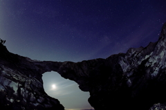 洞門と月と天の川