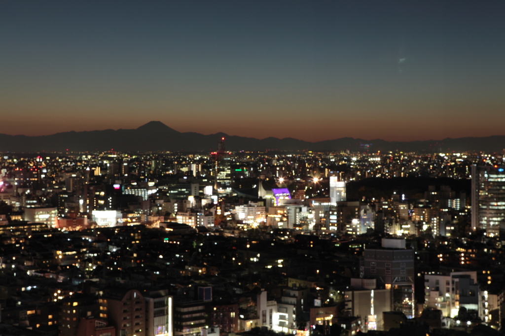 都会の灯りと静寂な夕暮れ