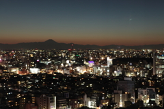 都会の灯りと静寂な夕暮れ