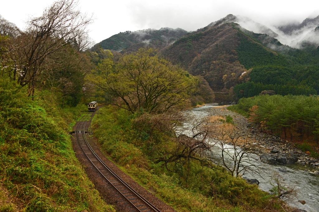 小雨降るわたらせ渓谷鉄道の春