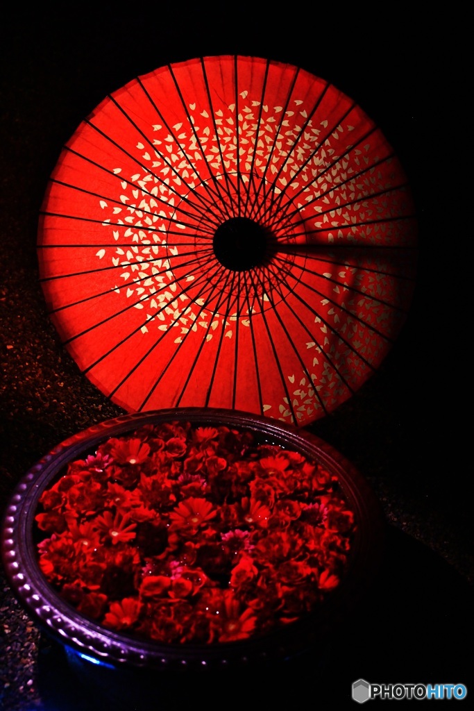 和傘と花手水