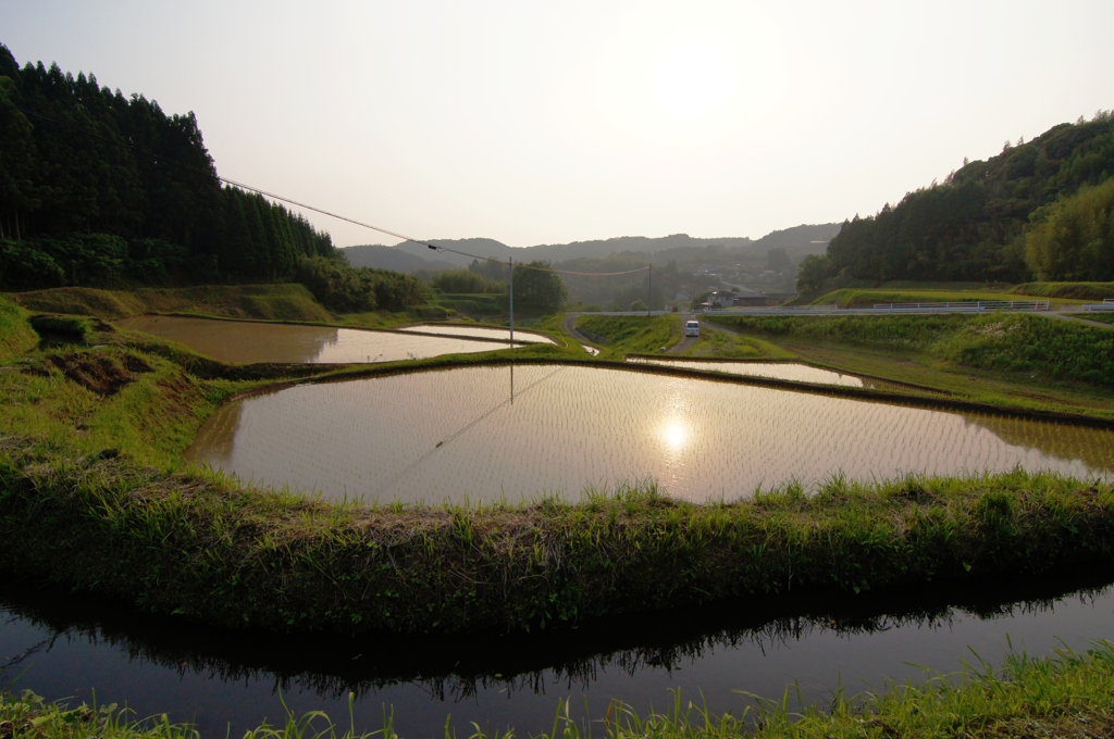 夕陽と棚田