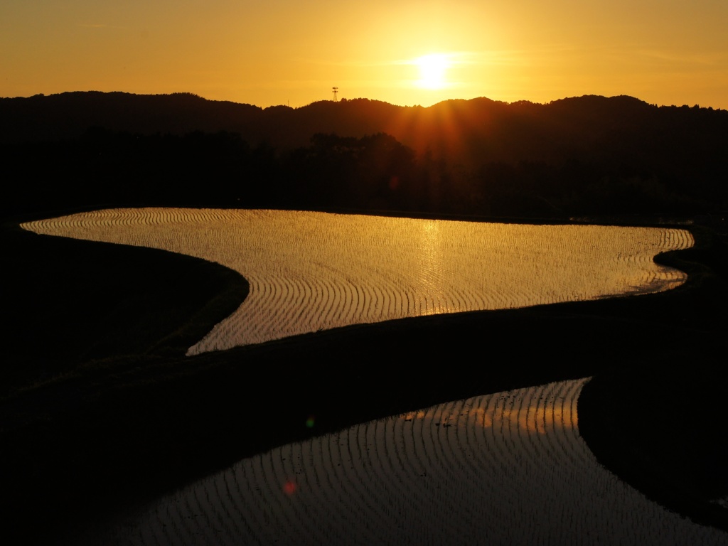 天空の棚田と夕日