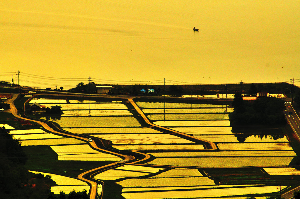 松江百景　中海夕景 嵩山山頂より