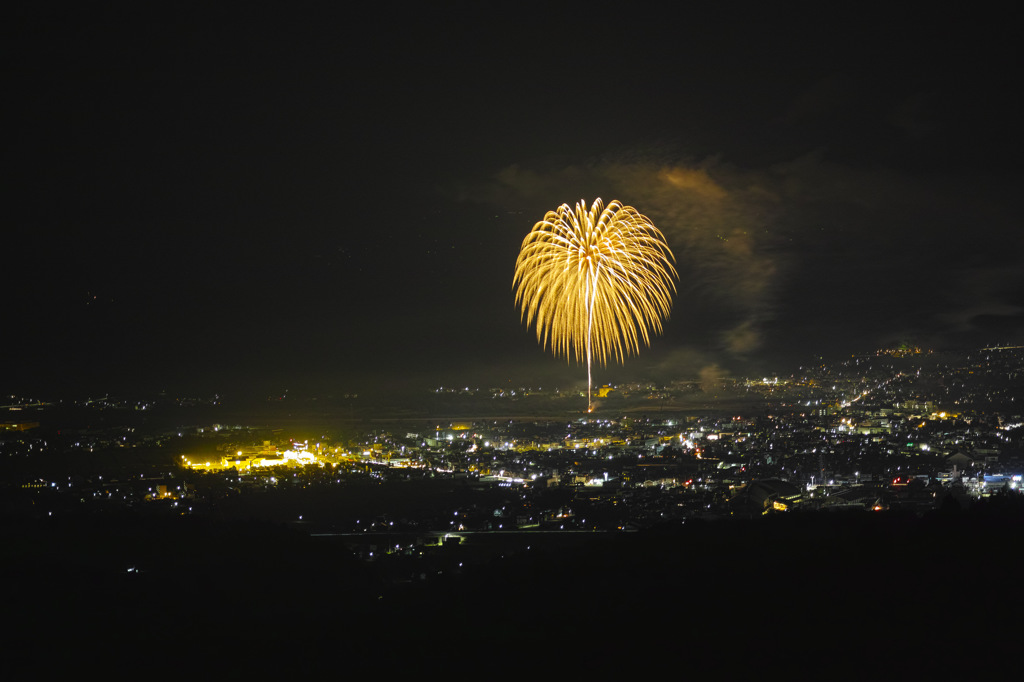街の灯りと花火