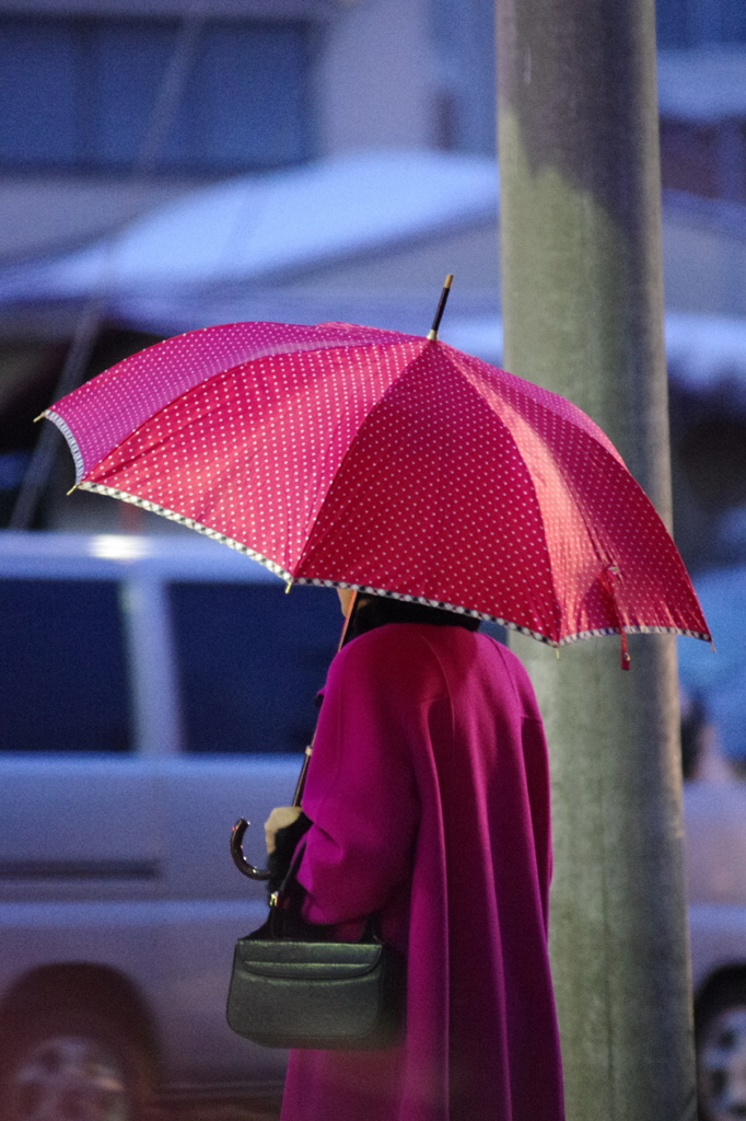 夕刻の赤い傘