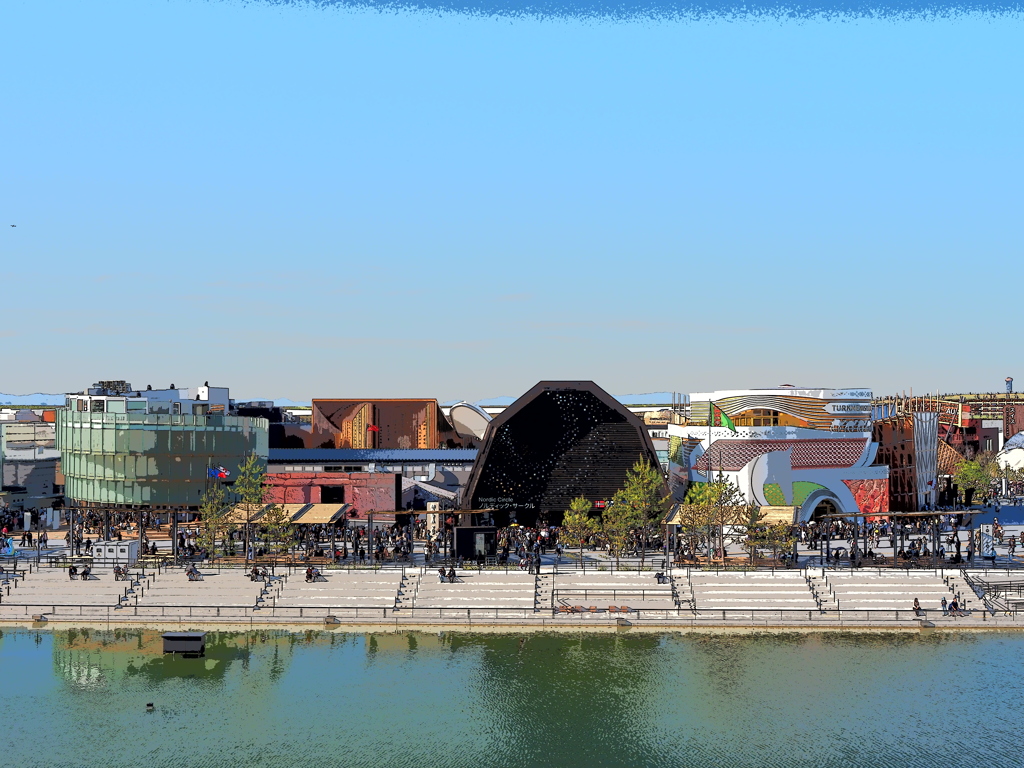 大屋根リング海側から見たパビリオン群。