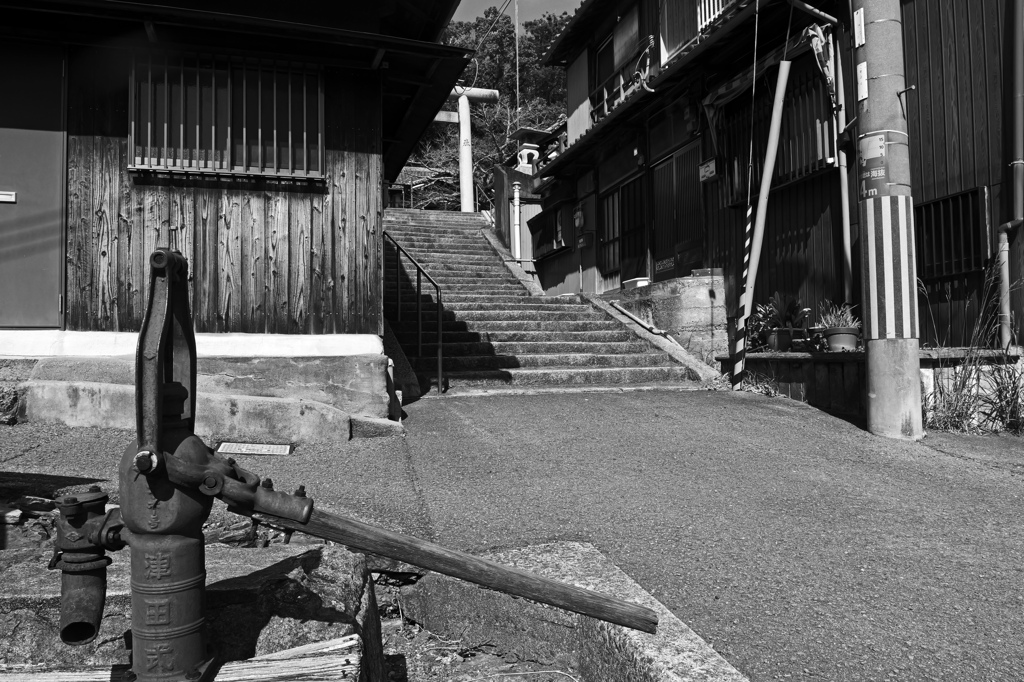 モノクロ黒江散歩《ポンプと鳥居》　P1060830zz