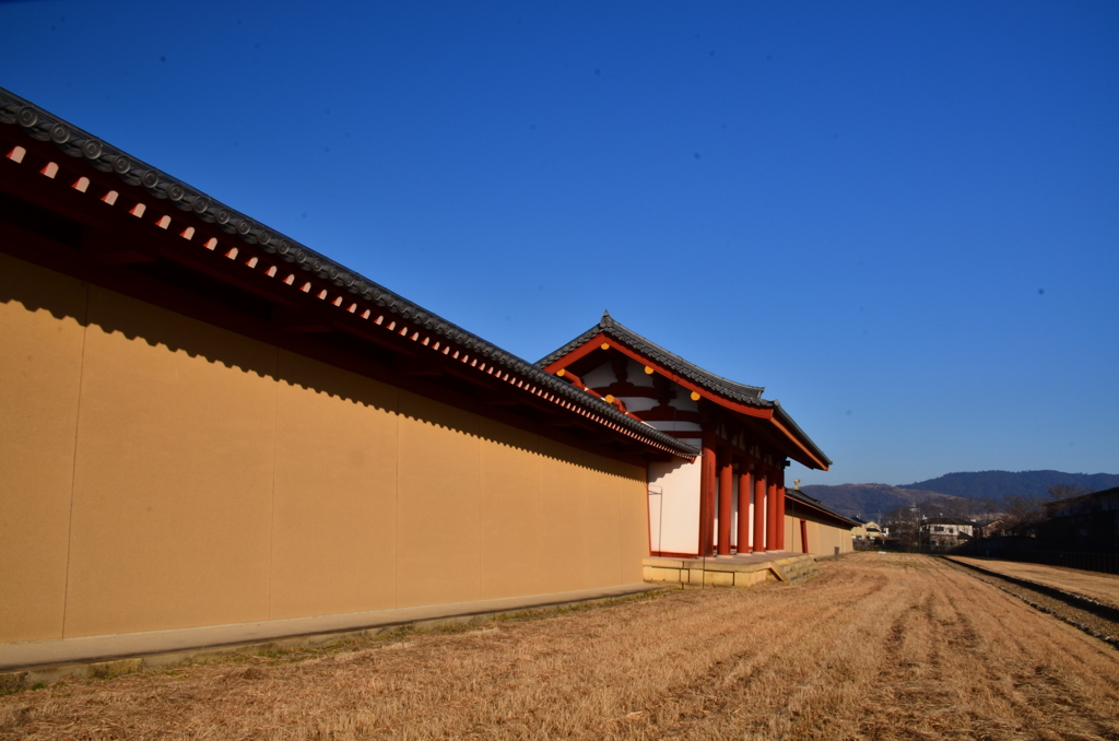 東院庭園建部門（東院南門）と若草山を臨む