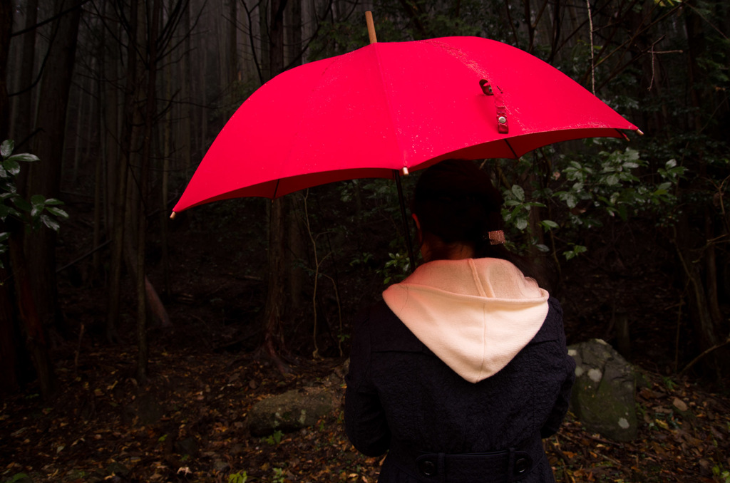 後ろ姿と赤い傘