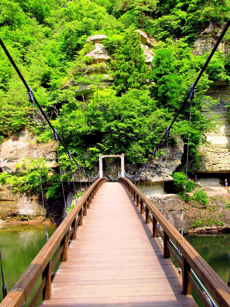 塔のへつり　揺れる藤見橋