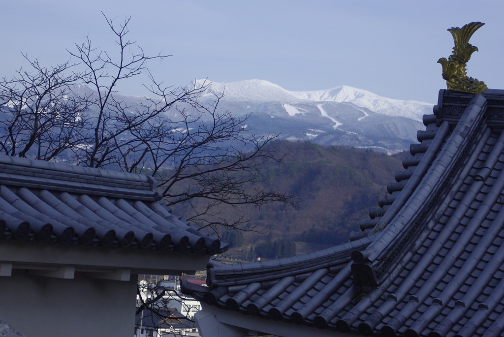 お城の(しゃちほこ)と蔵王連峰