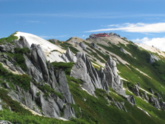 燕岳より燕山荘を望む