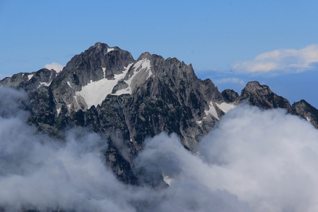 夏山　岩と雪と劔　　