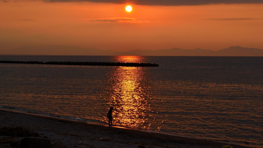 夕焼けの渚で遊ぶ少年