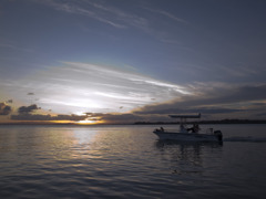 海、夕景、船、シルエット