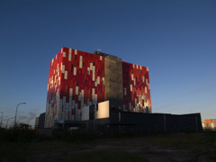 a red and white building