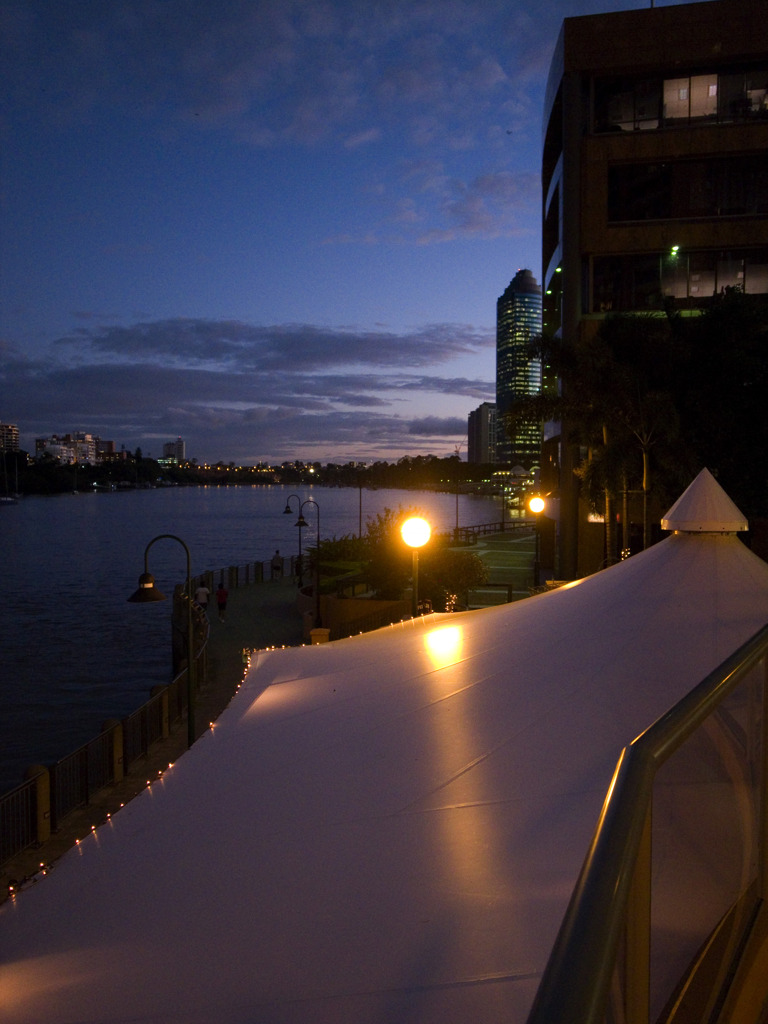 The Brisbane River and a white roof