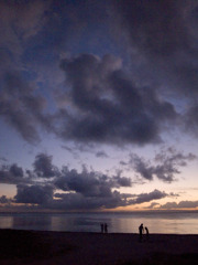 夕焼け、浜辺、空、シルエット