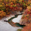 紅葉に覆われた鬼怒川の流れ