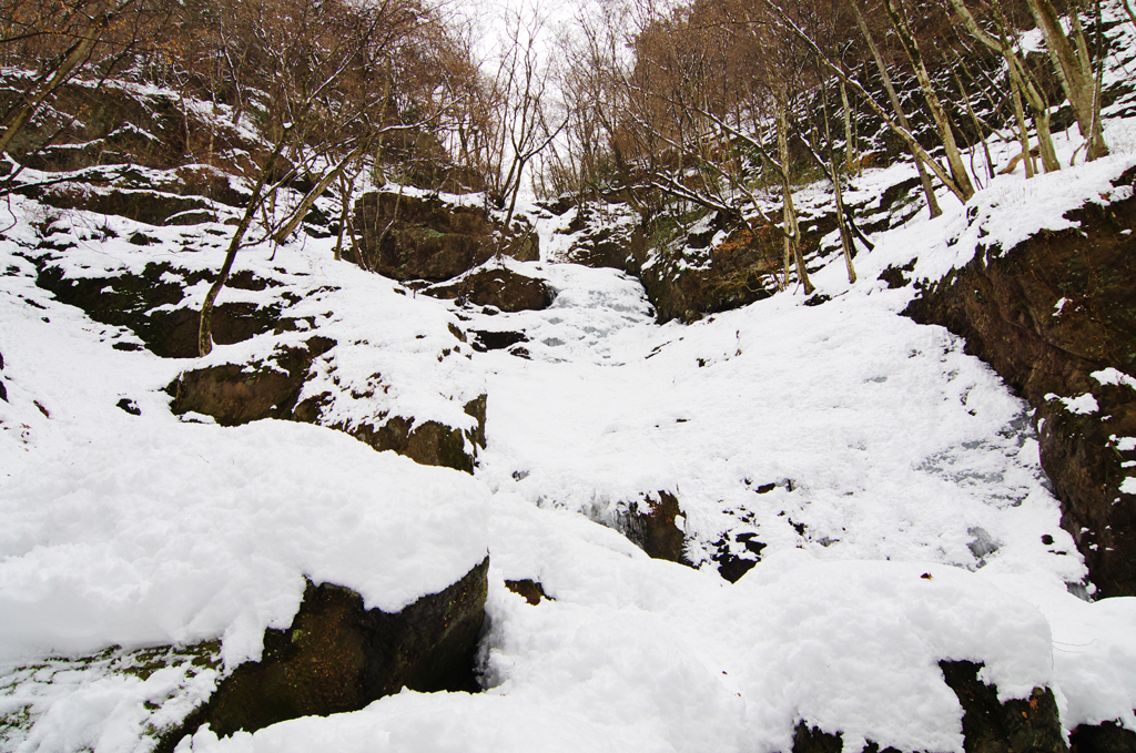 雪で見えない三段の滝