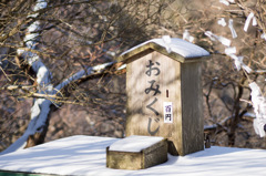 氷の神社、おみくじも雪帽子