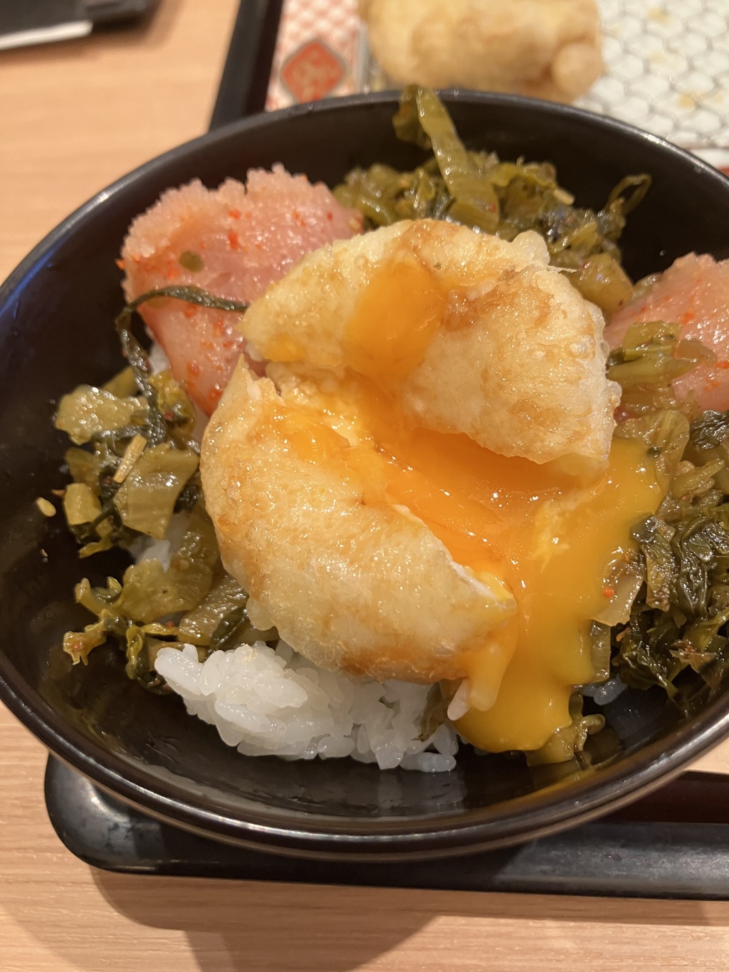 博多天ぷらやまや 木場店の食べ放題明太子、高菜と半熟卵