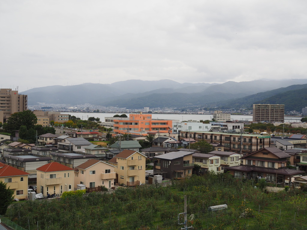 遠くに諏訪湖を望む