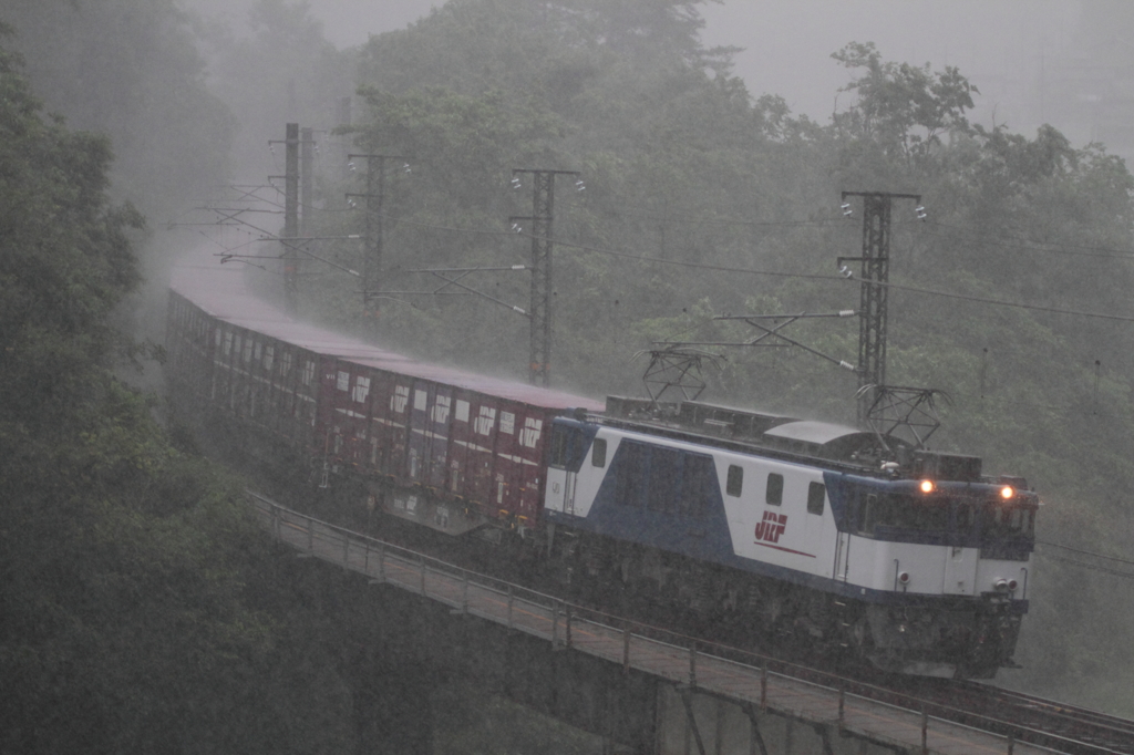 大雨の伯備線を行く