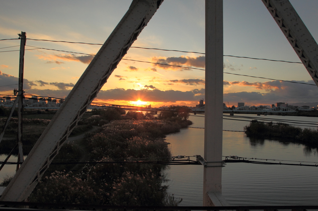 赤川鉄橋からの夕陽