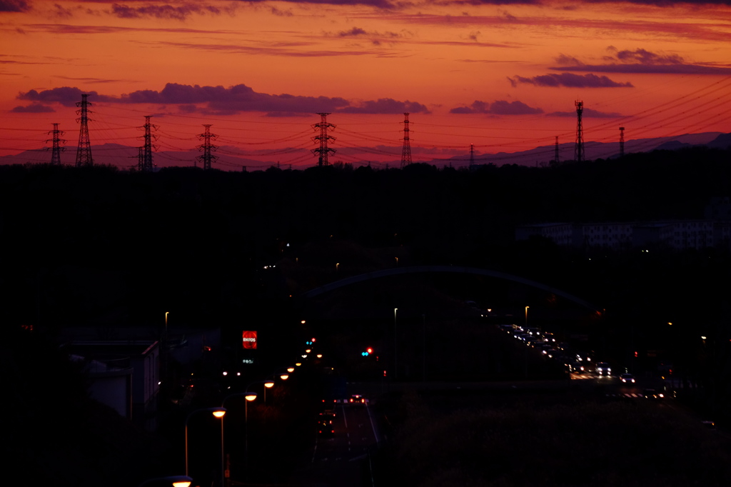 丘陵からの夕焼け
