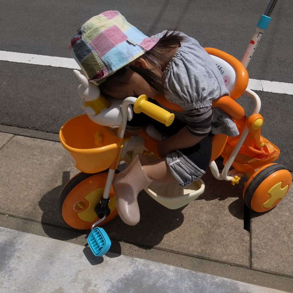 力尽きる　　三輪車で寝る