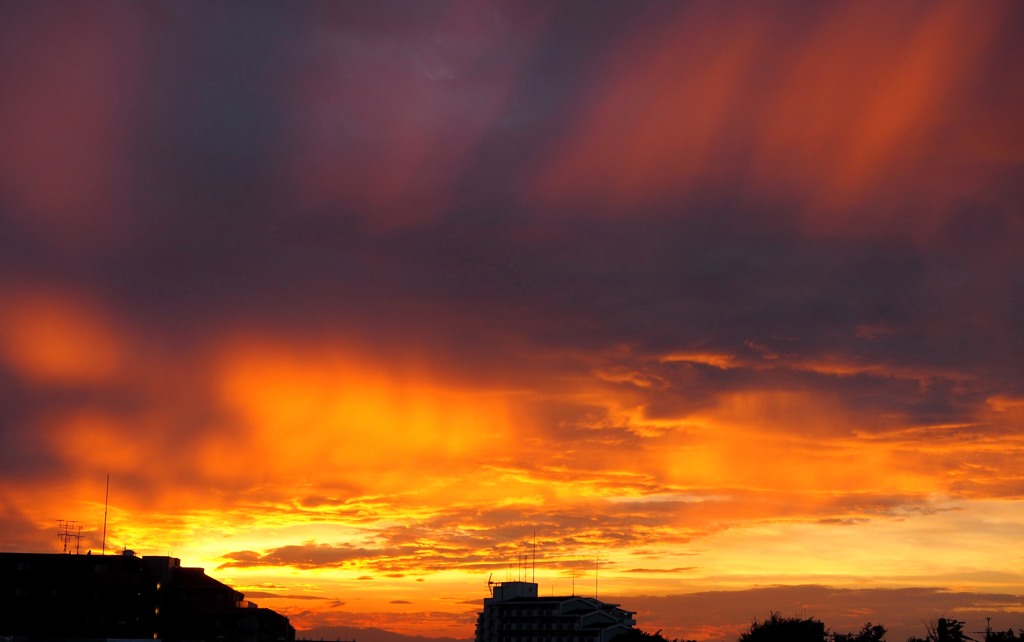 雲をまくる夕陽