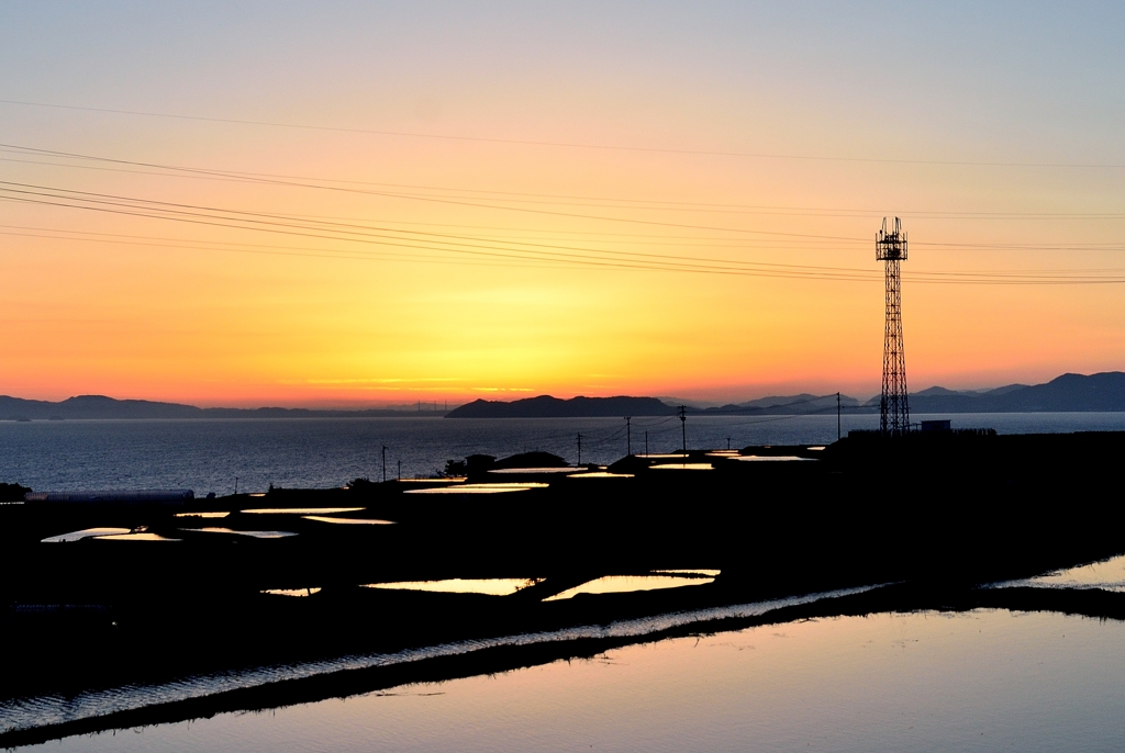 棚田と大村湾の夕景