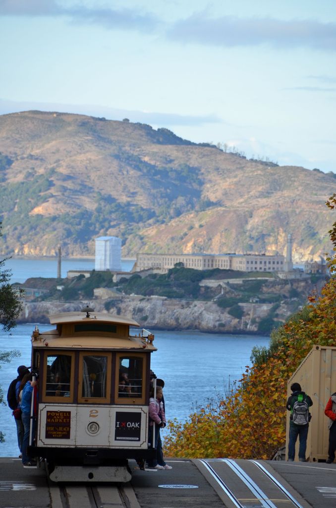 Cable car with Alcatraz in San Francisco