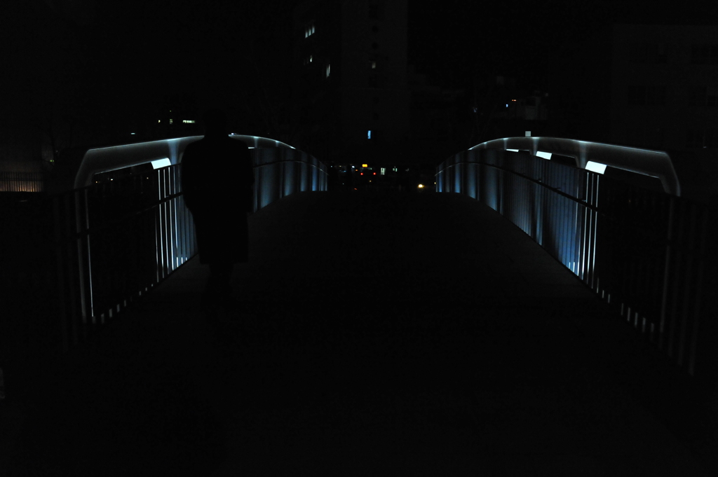夜の橋を渡る男