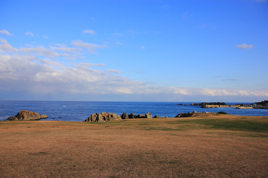 枯れ芝の種差海岸