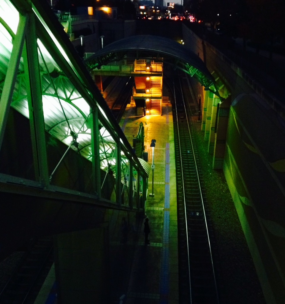 Train station at night.
