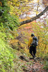 秋の山、進む登山者