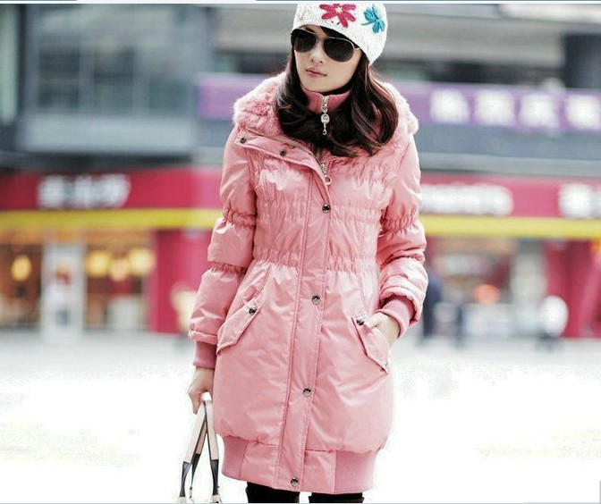ファッション スリム ラビットファー フード付き ロング 厚い コート ピンク