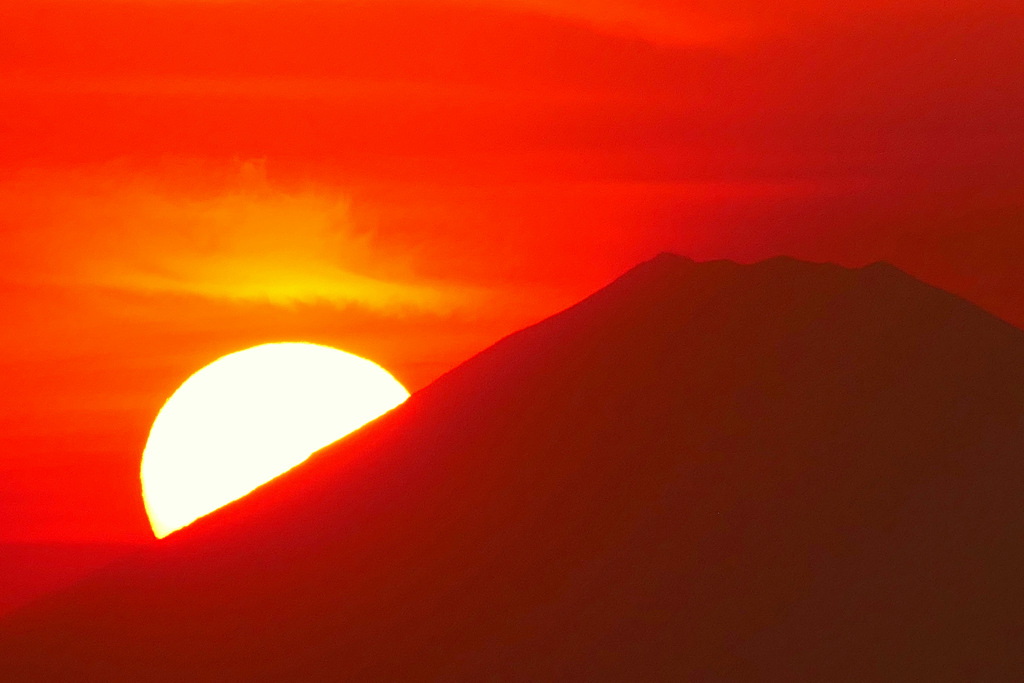 富士山に落ちる夕日　デジタルズーム800mm