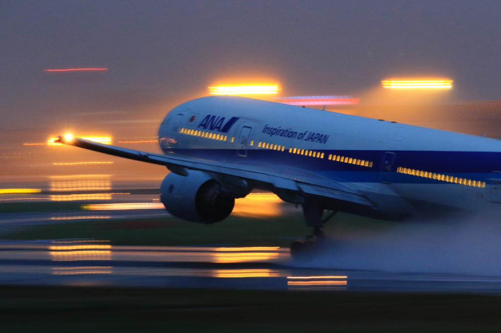 A takeoff in the rain