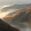 おにゅう谷の霧に朝日が射す瞬間
